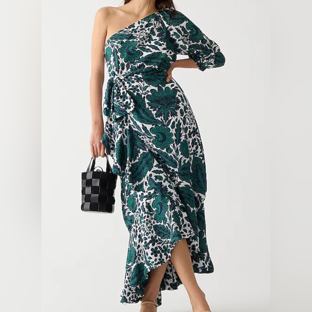Nwt Collection One-Shoulder Ruffle-Hem Dress In Emerald Floral Size 2 Zipper.